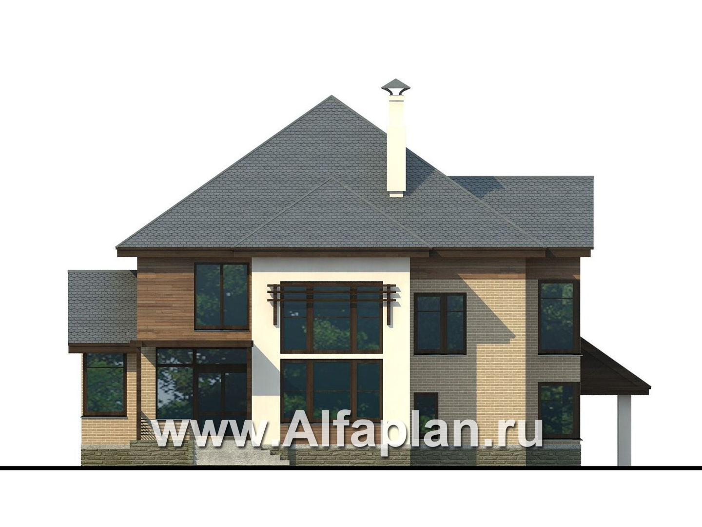 Проекты домов Альфаплан - «Современник» - коттедж с панорамными окнами - изображение фасада №4