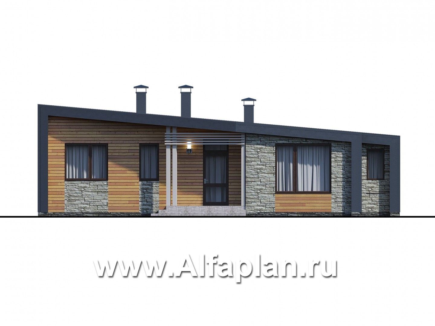 Проекты домов Альфаплан - «Дельта» - проект одноэтажного дома с террасой, в стиле барн с фальцевыми фасадами - изображение фасада №1