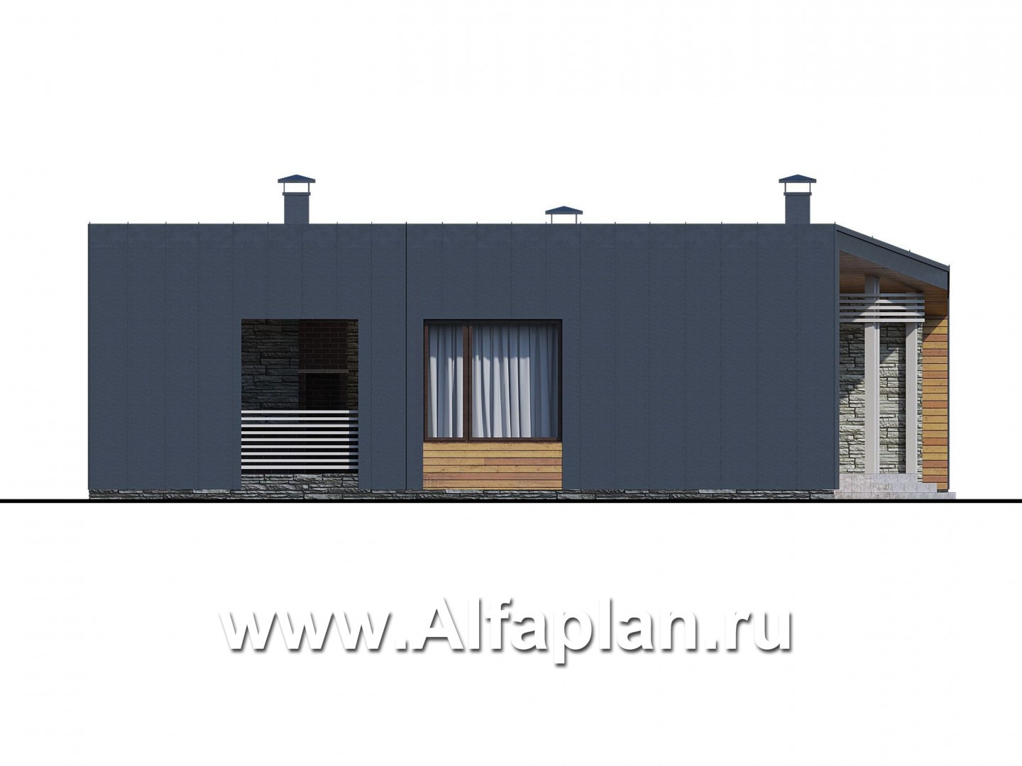 Проекты домов Альфаплан - «Дельта» - проект одноэтажного дома с террасой, в стиле барн с фальцевыми фасадами - изображение фасада №3