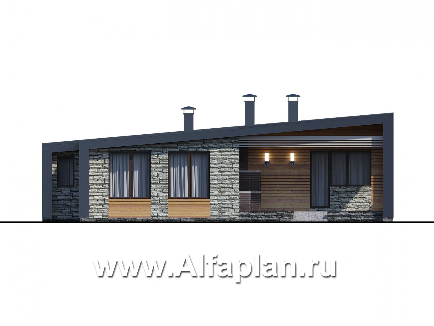 Проекты домов Альфаплан - «Дельта» - проект одноэтажного дома с террасой, в стиле барн с фальцевыми фасадами - изображение фасада №4