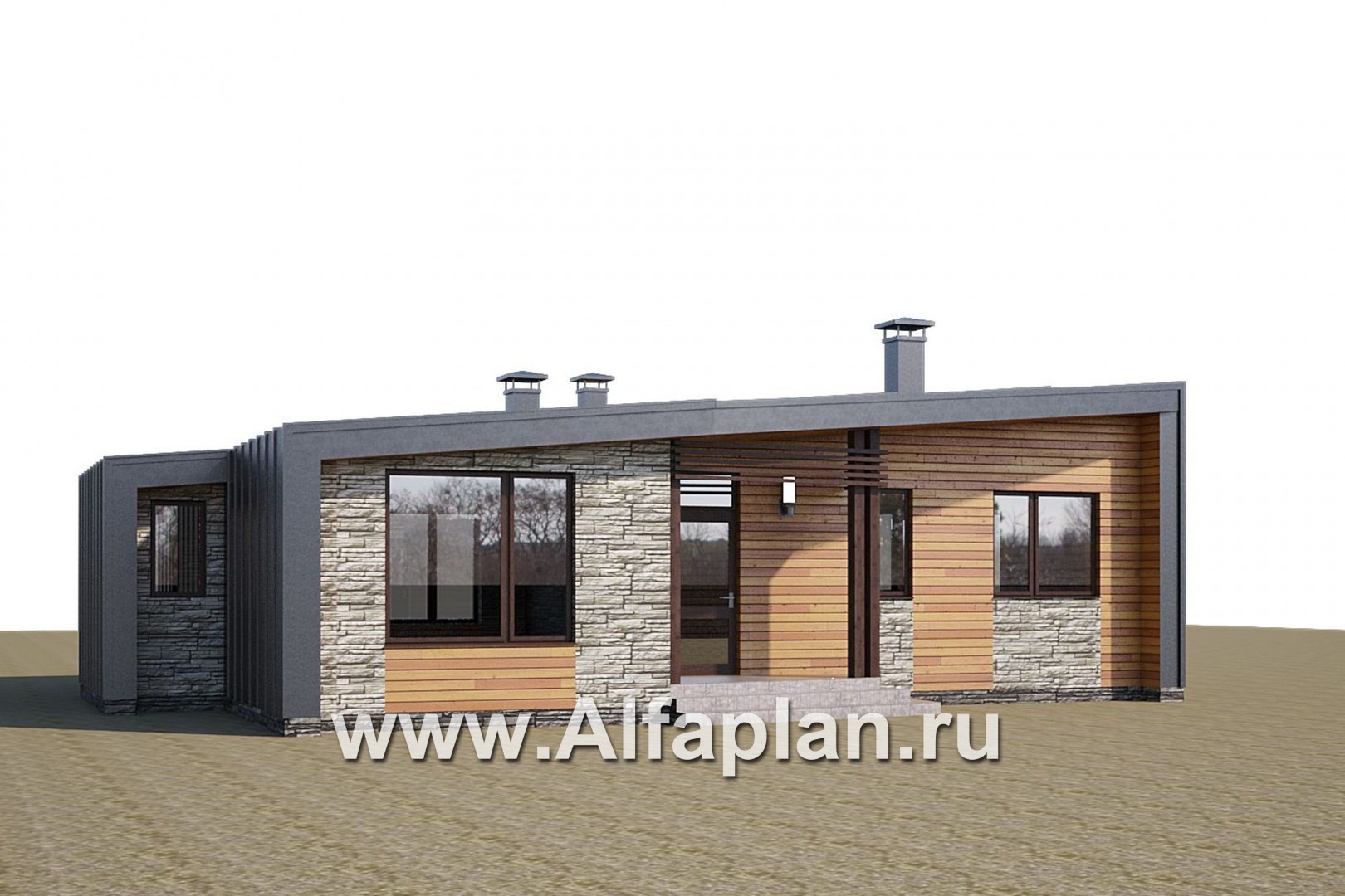 Проекты домов Альфаплан - «Дельта» - проект одноэтажного дома с террасой, в стиле барн с фальцевыми фасадами - дополнительное изображение №1
