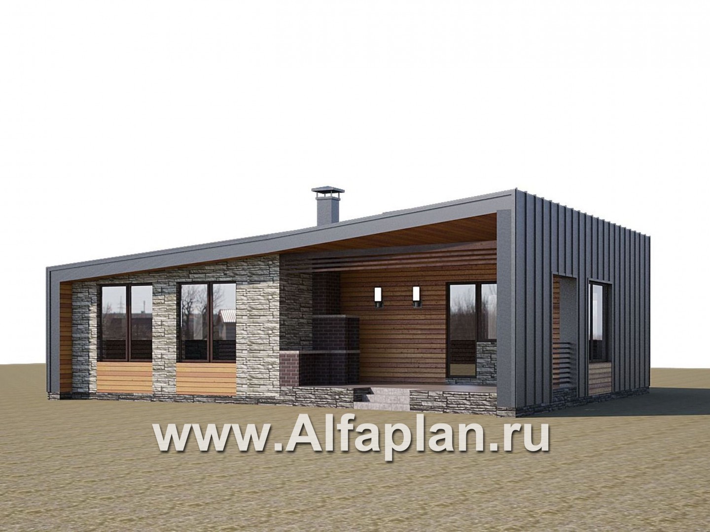 Проекты домов Альфаплан - «Дельта» - проект одноэтажного дома с террасой, в стиле барн с фальцевыми фасадами - дополнительное изображение №2