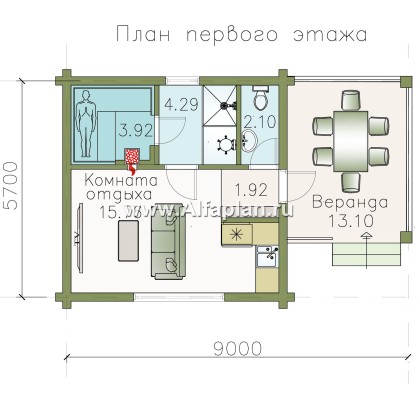 Красивый проект бани, из дерева, из бревен, с террасой - превью план дома