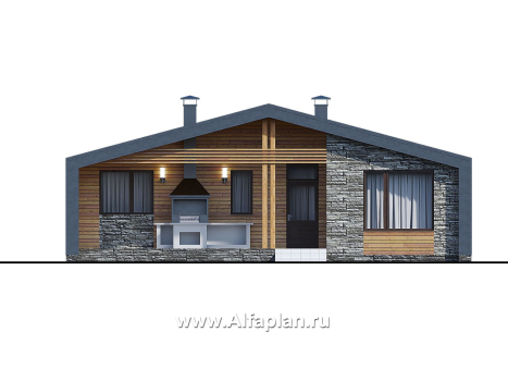 Проекты домов Альфаплан - «Эпсилон» - проект одноэтажного каркасного дома с террасой со стороны входа - превью фасада №1