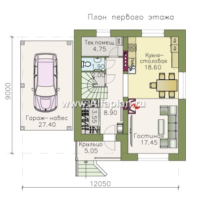 «Оптима»- проект современного дома с мансардой, из кирпичей или газобетона, с гаражом-навесом - превью план дома