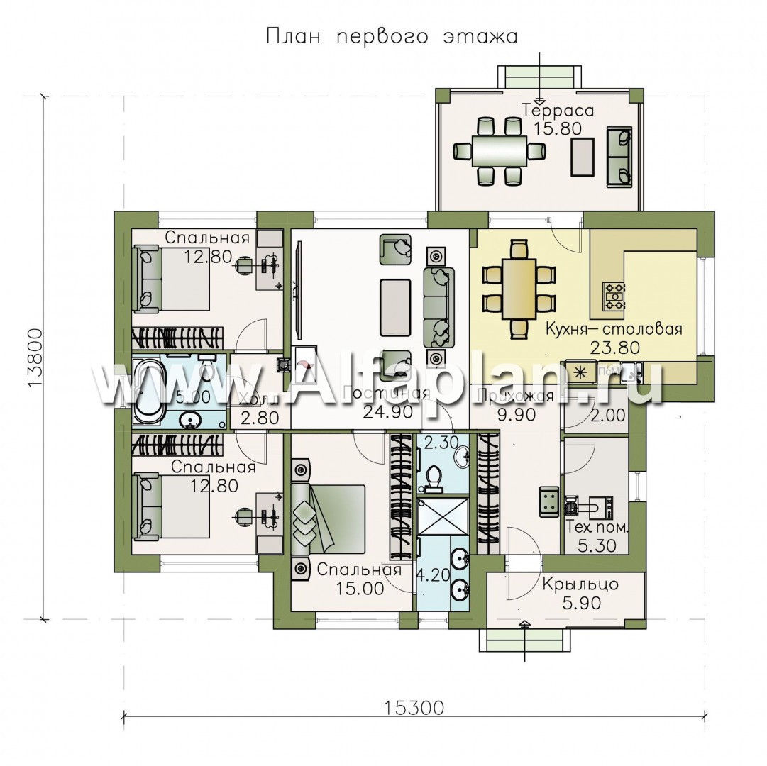 Проекты домов Альфаплан - «Наяда» - современный одноэтажный коттедж с террасой - изображение плана проекта №1