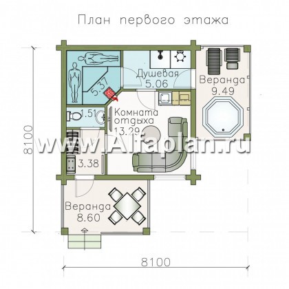 Проект бани, из дерева, из бревен, с террасой, с расположением в углу участка - превью план дома