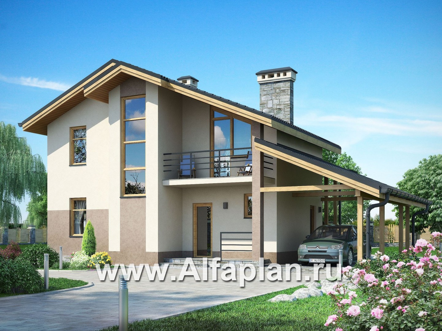 Проекты домов Альфаплан - Комфортный каркасный дом с навесом для двух машин - основное изображение