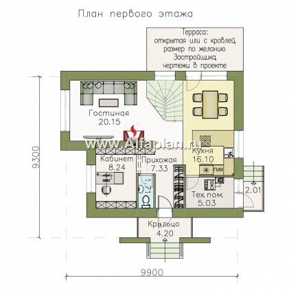 «Улыбка» - проект дома с мансардой из газобетона, 4 спальни, фасад с улыбкой - превью план дома