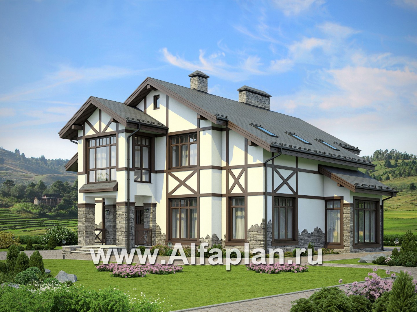 Проекты домов Альфаплан - Загородный дом с фахверком на фасадах - основное изображение