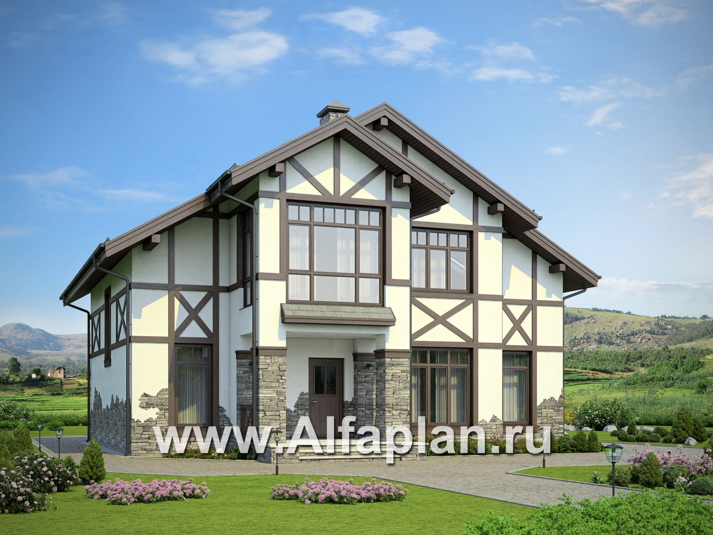 Проекты домов Альфаплан - Загородный дом с фахверком на фасадах - дополнительное изображение №1
