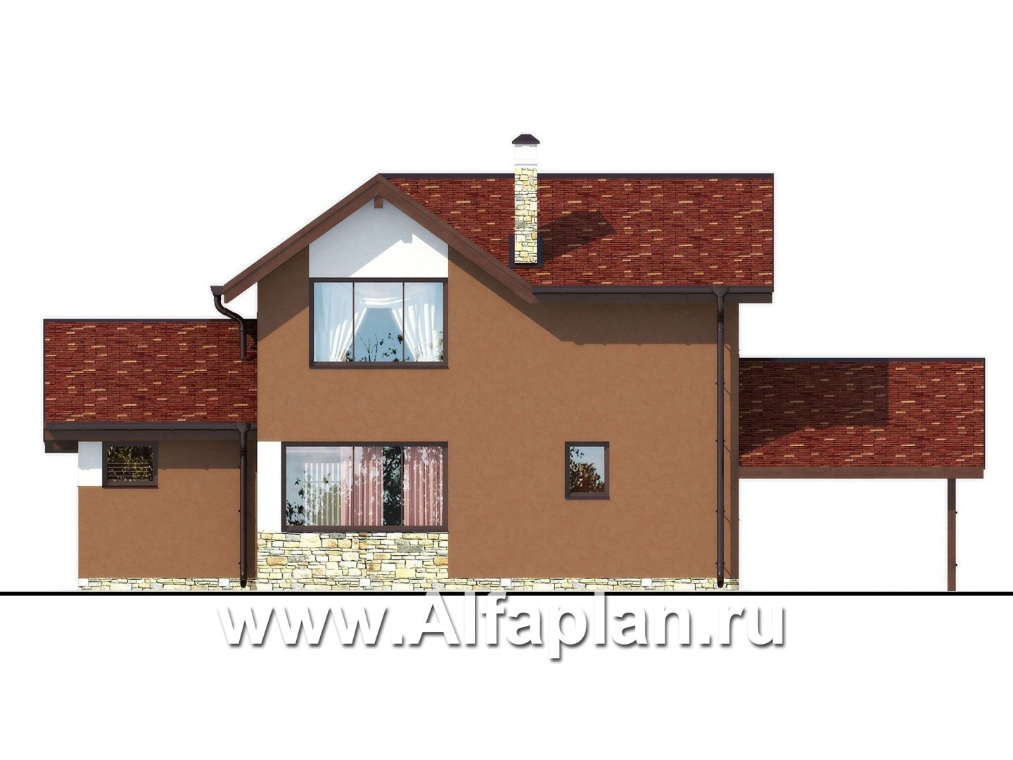 Проекты домов Альфаплан - Каркасный дом с большой террасой и навесом для машины - изображение фасада №4