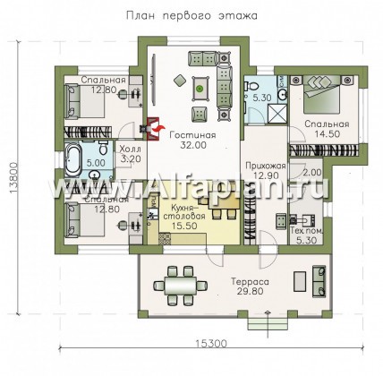 Проекты домов Альфаплан - «Талия» - современный одноэтажный коттедж с террасой - превью плана проекта №1