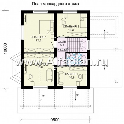 Проект дома с мансардой, 3 спальни, с камином и эркером, гостевая комната на 1 эт, терраса со стороны входа, навес на 1 авто - превью план дома