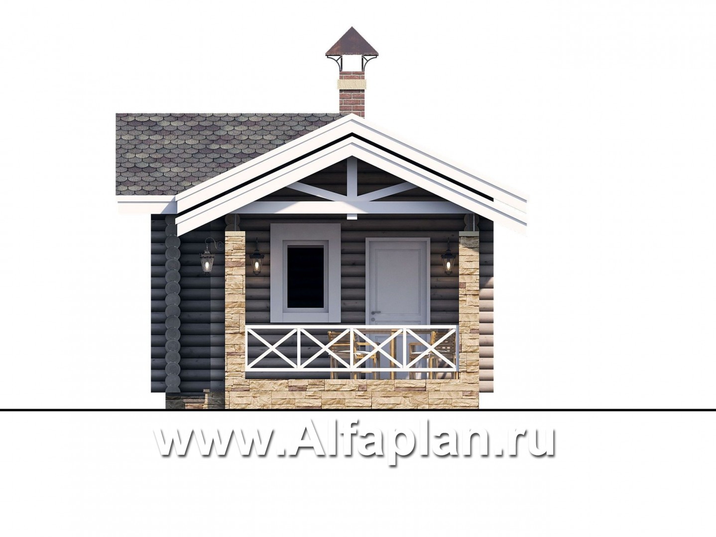 Проект бани, из дерева, из бревен, с террасой, вдоль границы участка - фасад дома