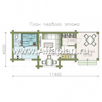 Проект бани, из дерева, из бревен, с террасой, вдоль границы участка - превью план дома