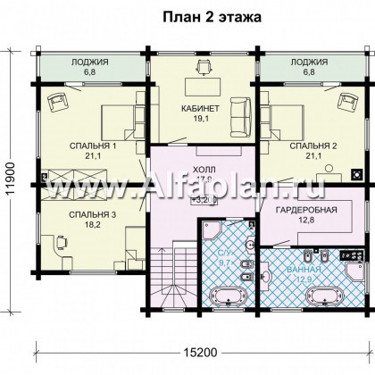 Проект двухэтажного дома из бруса, планировка с кабинетом на 1 эт и с навесом на 1 авто, с угловой террасой - превью план дома