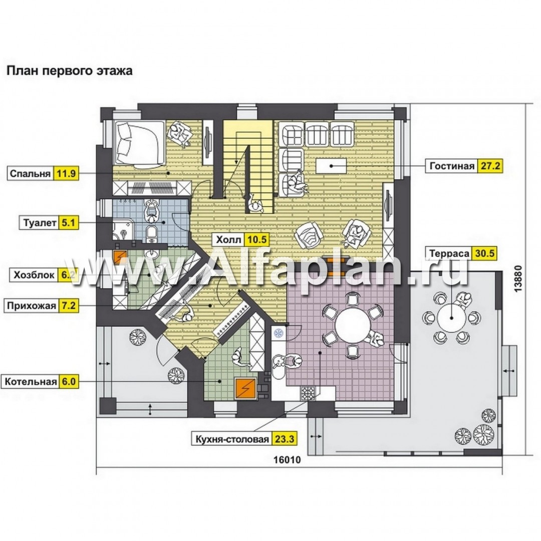 Проекты домов Альфаплан - Двухэтажный коттедж с угловым входом - план проекта №1
