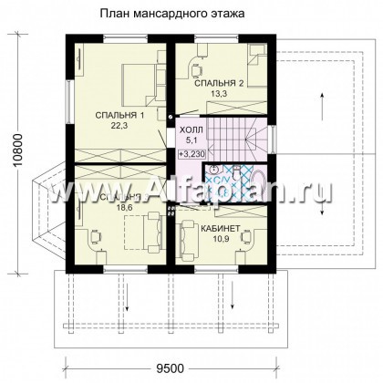 Проект дома с мансардой, 3 спальни, с камином и эркером, гостевая комната на 1 эт, терраса со стороны входа, гараж на 1 авто - превью план дома