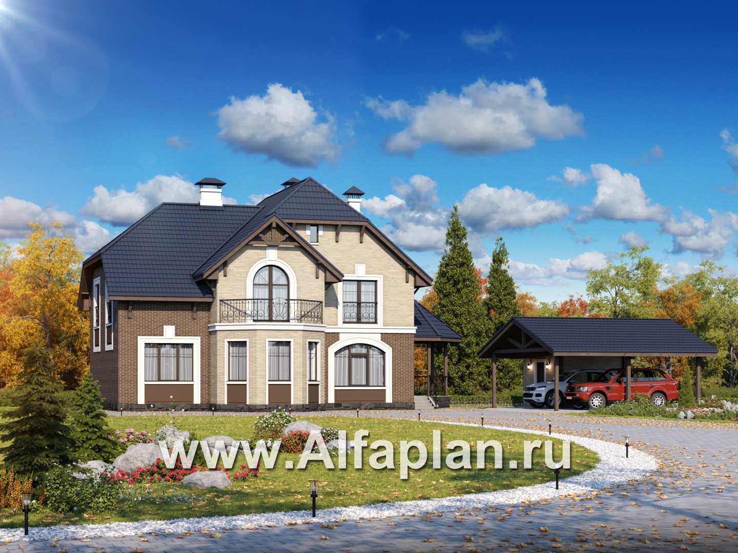 «Ясная поляна»_ДУО - проект двухэтажного дома + проект навеса на 2 авто с кладовой - основное изображение