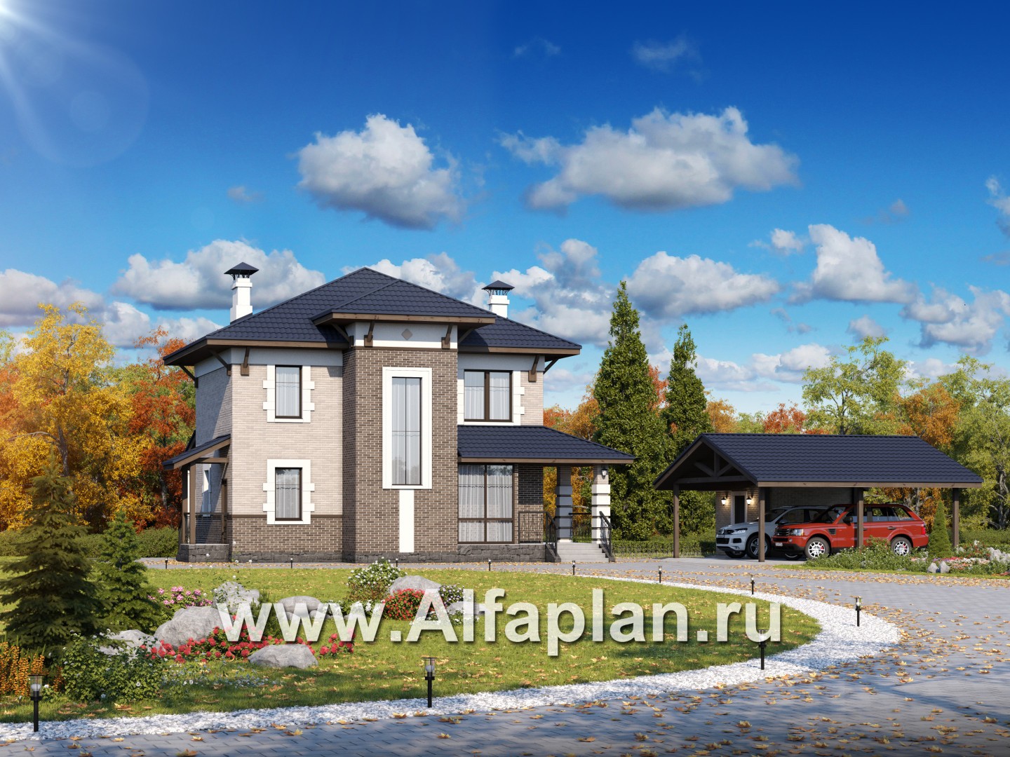 «Виконт»_ДУО - проект красивого дома + проект навеса на 2 авто с кладовой - основное изображение