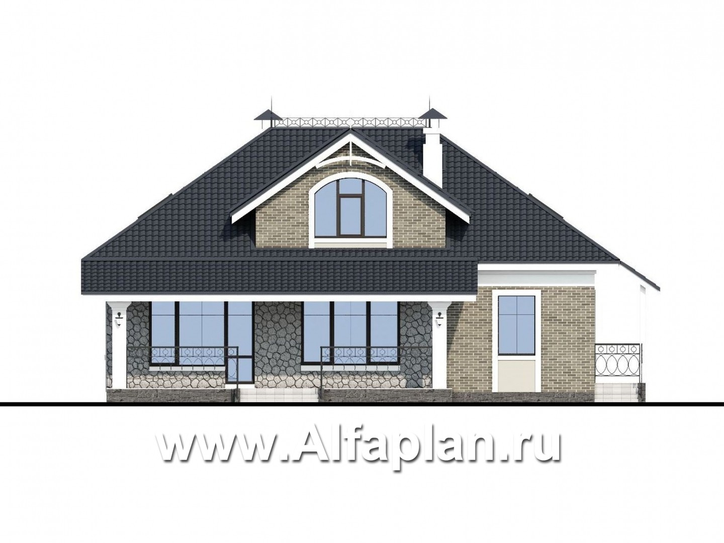 Проекты домов Альфаплан - «Валдай»- мансардный дом с красивым эркером и террасой - изображение фасада №4