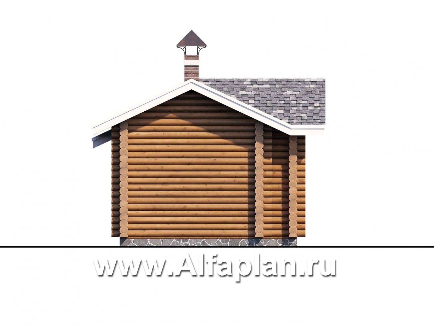 Проект бани, из дерева, из бревен, с террасой, с гостевой спальней, вдоль границы участка - фасад дома