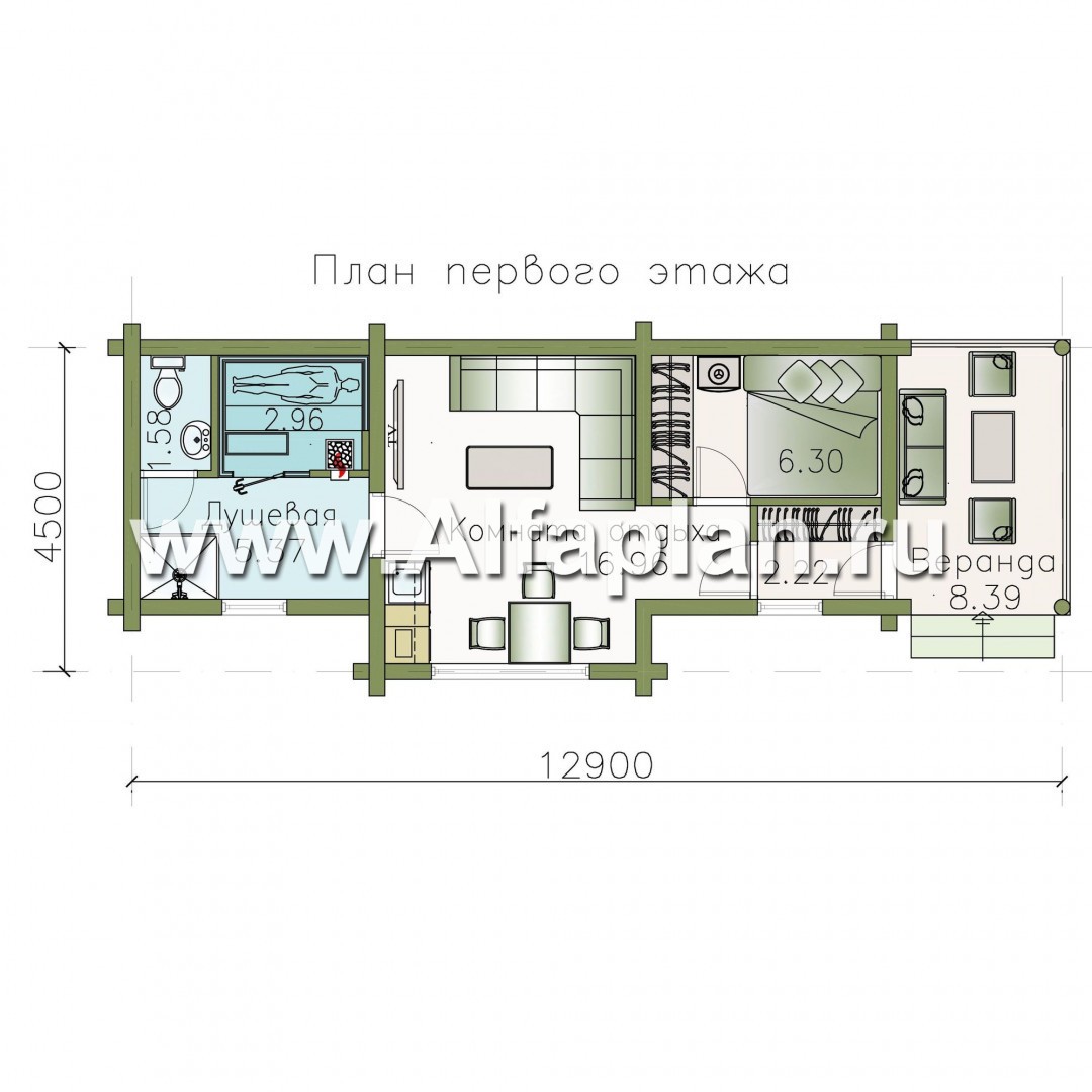 Проект бани, из дерева, из бревен, с террасой, с гостевой спальней, вдоль границы участка - план дома
