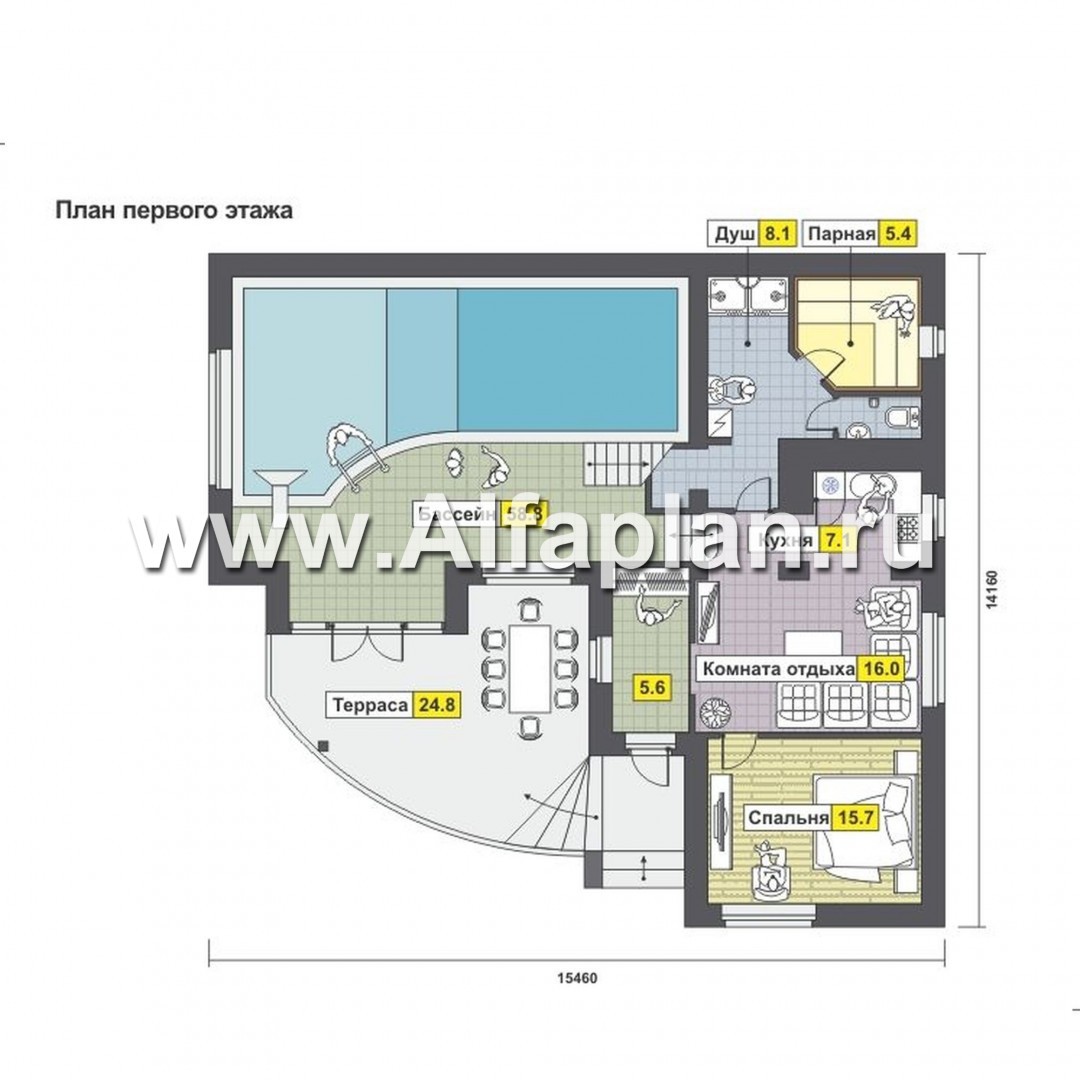 Проекты домов Альфаплан - Комфортабельный дом для отдыха с бассейном - изображение плана проекта №1