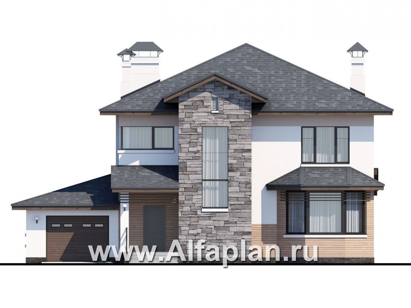 Проекты домов Альфаплан - «Оазис» - изысканный комфортный коттедж с гаражом - изображение фасада №1