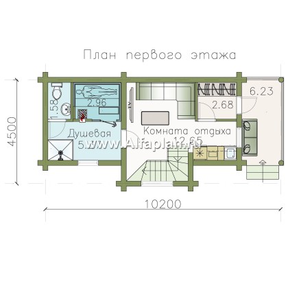 Проект бани, из дерева, из бревен, с гостевой спальней в мансарде - превью план дома