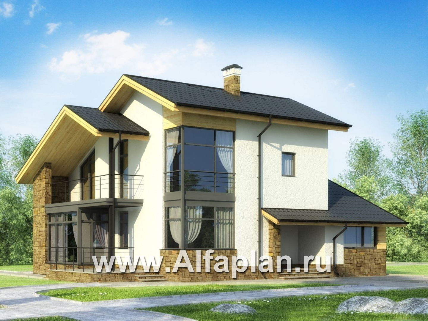 Проекты домов Альфаплан - Современный коттедж с угловым витражом - дополнительное изображение №2