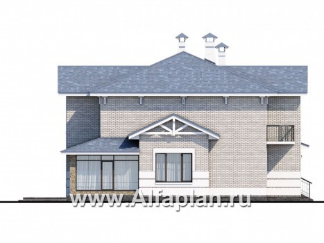 Проекты домов Альфаплан - «Аутентик» - проект двухэтажного дома, с двусветным холлом и верандой, арочное окно, в стиле эклектика - превью фасада №3