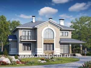 Проекты домов Альфаплан - «Аутентик» - проект двухэтажного дома, с двусветным холлом и верандой, арочное окно, в стиле эклектика - превью основного изображения
