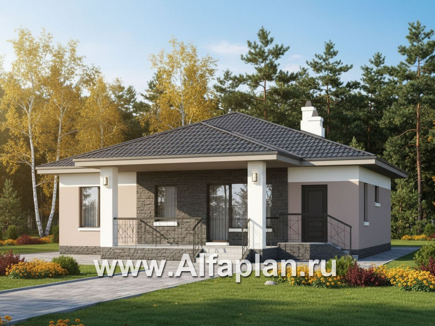 «Княженика» - проект одноэтажного дома, с террасой, планировка 2 спальни и сауна, для небольшой семьи - дизайн дома №2