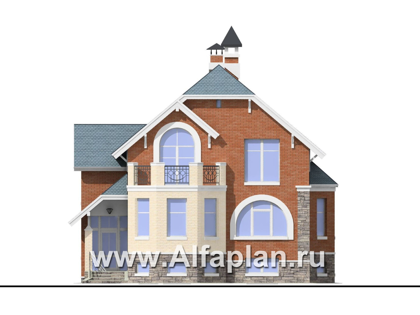 «Лаура» - проект двухэтажного загородного дома,с эркером и с террасой, с цокольным этажом - фасад дома
