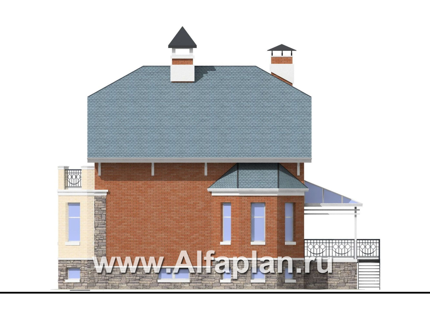 «Лаура» - проект двухэтажного загородного дома,с эркером и с террасой, с цокольным этажом - фасад дома