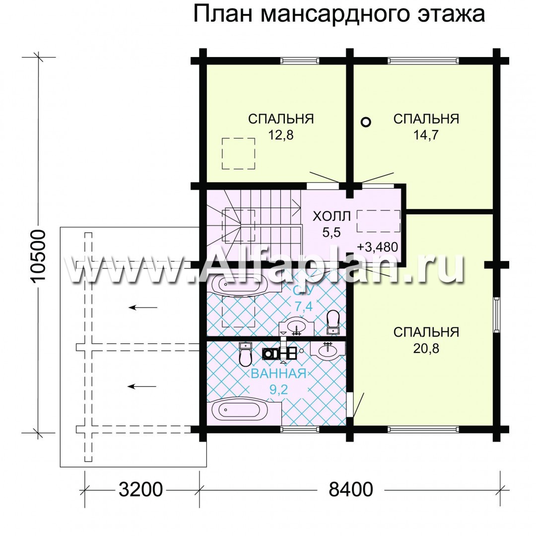 Проект двухэтажного дома из бруса, планировка с кабинетом и с террасой, в современном стиле - план дома