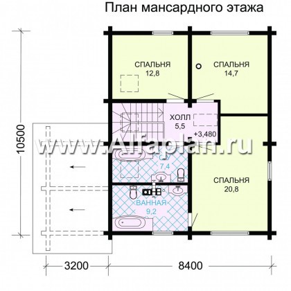 Проект двухэтажного дома из бруса, планировка с кабинетом и с террасой, в современном стиле - превью план дома