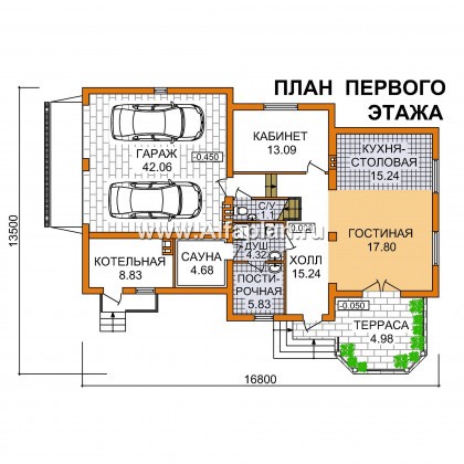 Проект двухэтажного дома, с террасой, планировка с гаражом на 2 авто и с тренажерным залом над ним - превью план дома