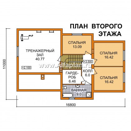 Проект двухэтажного дома, с террасой, планировка с гаражом на 2 авто и с тренажерным залом над ним - превью план дома