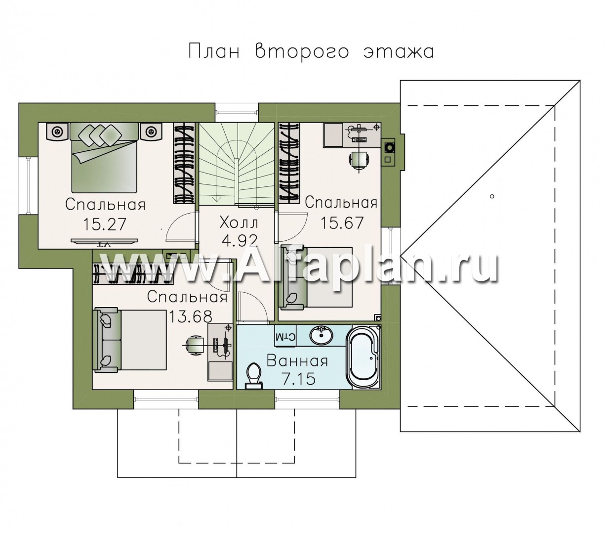 «Улыбка» - проект дома с мансардой из газобетона, 4 спальни, с гаражом, фасад с «улыбкой» - план дома