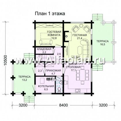 Проект двухэтажного дома из бруса, планировка с кабинетом и с двумя террасами, в современном стиле - превью план дома