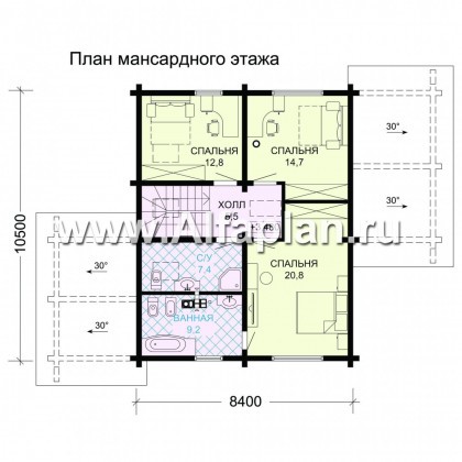 Проект двухэтажного дома из бруса, планировка с кабинетом и с двумя террасами, в современном стиле - превью план дома