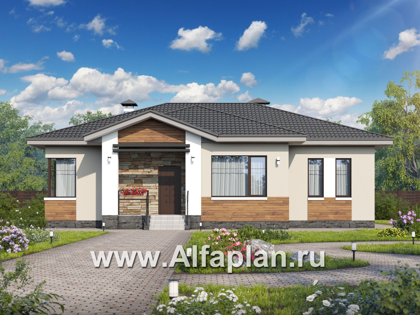 Проекты домов Альфаплан - «Витамин» - одноэтажный дом с большой гостиной и крытой террасой - основное изображение
