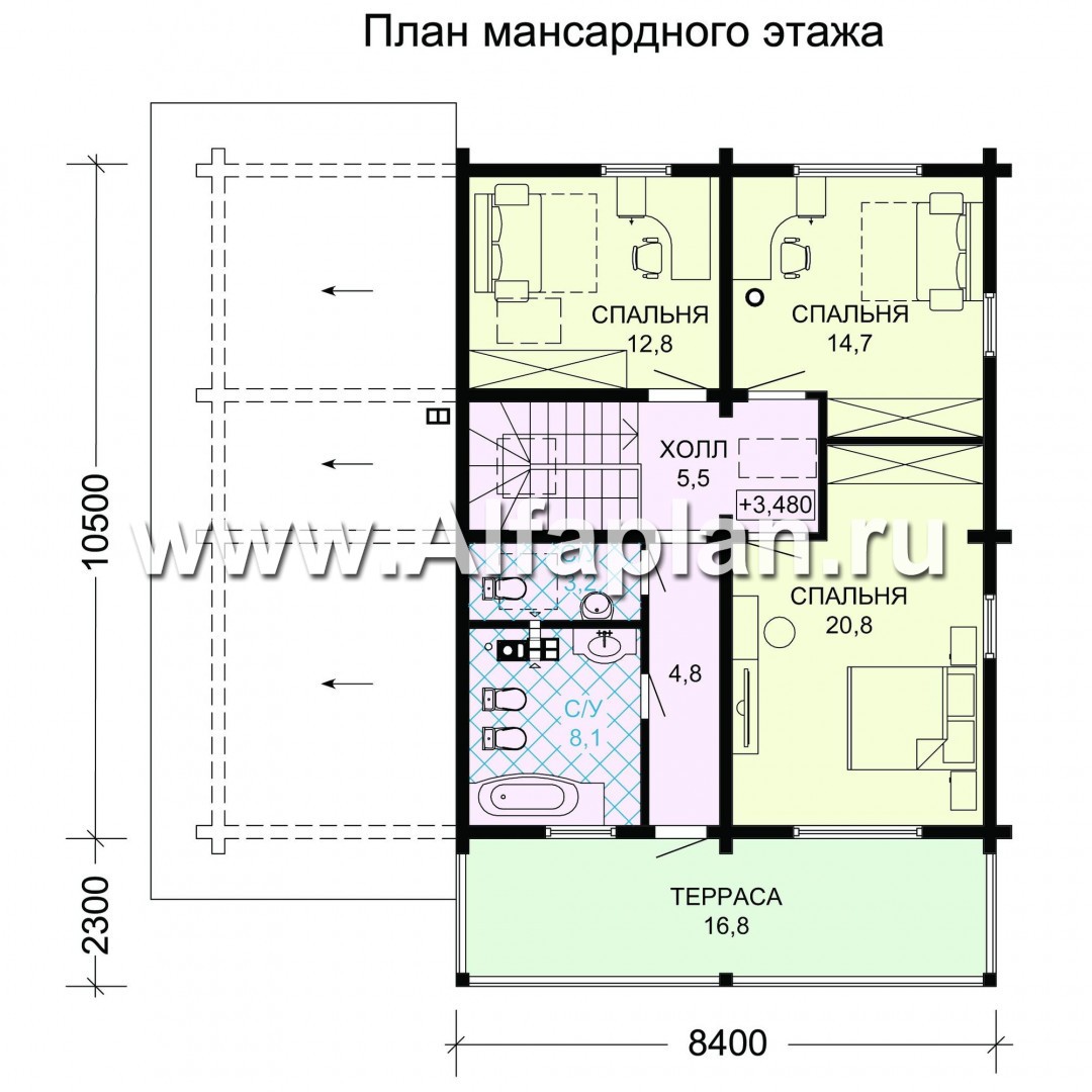 Проект двухэтажного дома из бруса, планировка с кабинетом и с террасой со стороны входа, с гаражом, в современном стиле - план дома