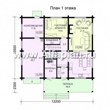 Проект двухэтажного дома из бруса, планировка с кабинетом и с террасой со стороны входа, с гаражом, в современном стиле - превью план дома