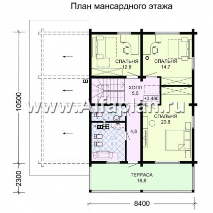 Проект двухэтажного дома из бруса, планировка с кабинетом и с террасой со стороны входа, с гаражом, в современном стиле - превью план дома