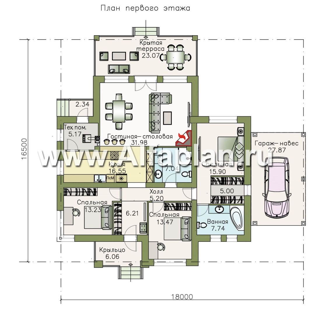 Проекты домов Альфаплан - «Витамин» - одноэтажный дом с террасой и навесом для машины - план проекта №1
