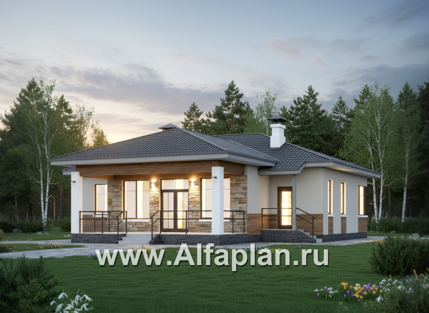 «Витамин» - проект одноэтажного дома, план мастер спальня и терраса, навес на 1 авто, в современном стиле - дизайн дома №1